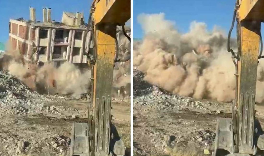 Kahramanmaraş merkezli sarsıntılarda Elazığ’da ağır hasar alan bina, iş makinesinin