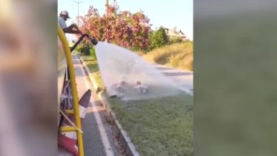 Manavgat Belediyesi Park ve Bahçeler Müdürlüğü takımları, arazözle su püskürterek