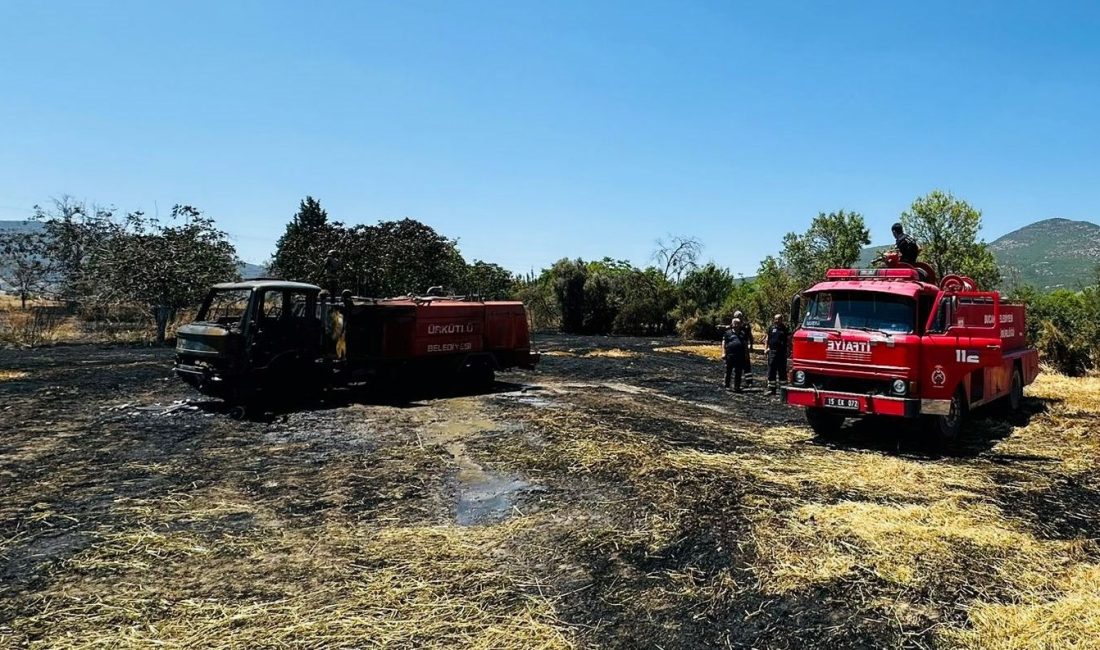 Burdur'un Bucak ilçesinde arazi yangına müdahale eden itfaiye aracı yandı.