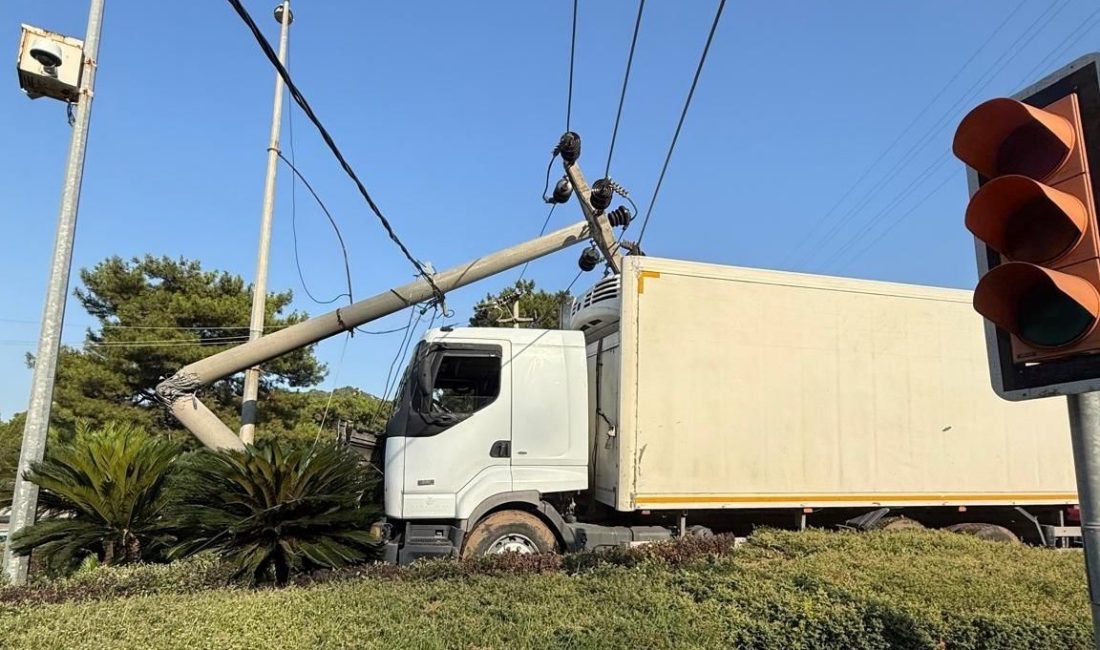 Muğla’nın Marmaris ilçesinde frenleri tutmayan kamyon refüje çıkarak beton direğe