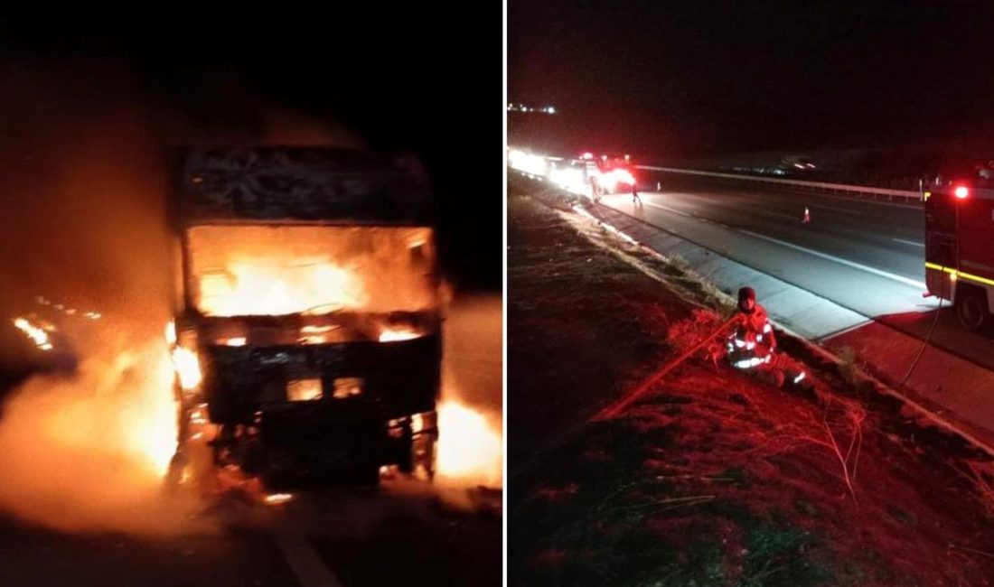 İstanbul-İzmir Otoyolu'nda bir TIR'da çıkan yangın, yol kenarındaki otluk alana