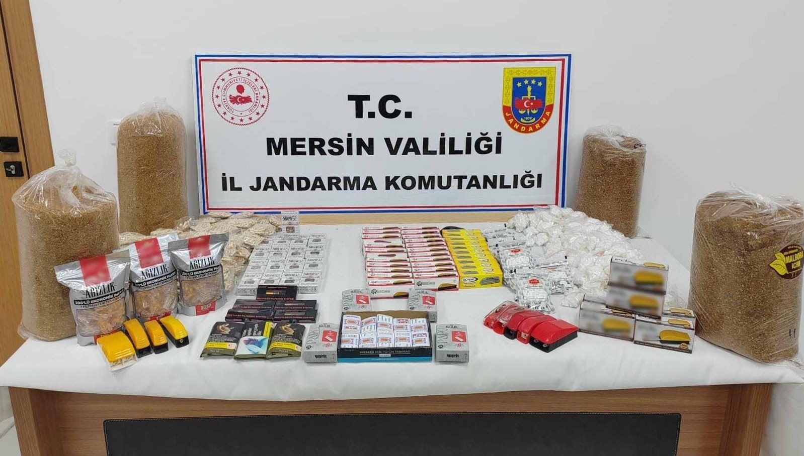 Mersin’de jandarma ekipleri çok sayıda makaron, tütün ve 65 adet