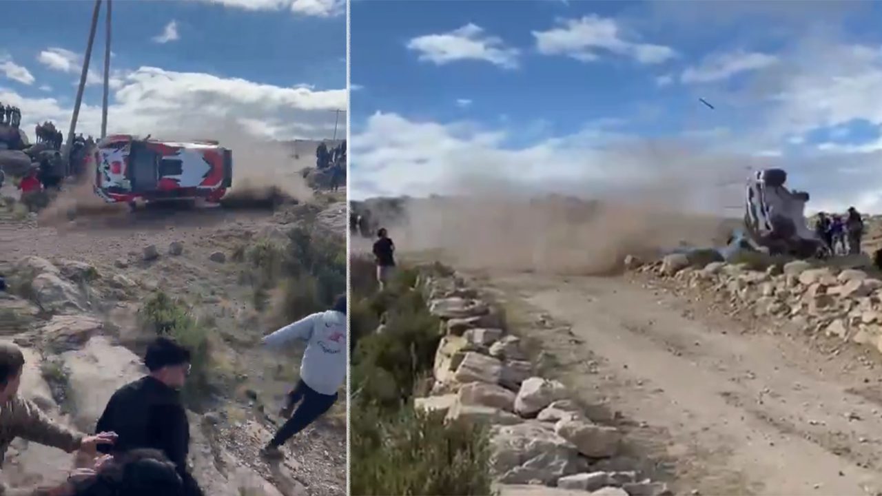 Güney Amerika Rallisi'nde bir yarış otomobili takla atarak seyircilerin arasına
