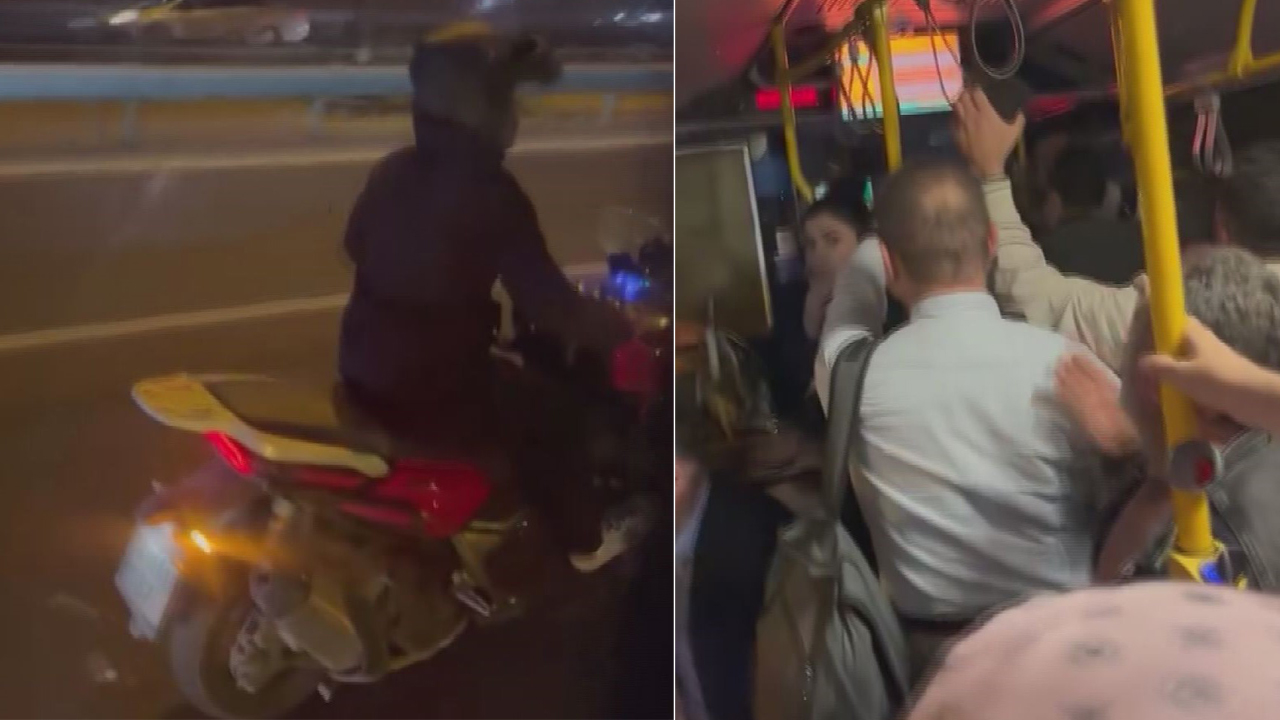 İstanbul'da bir motosiklet sürücüsü, trafikte şoförüyle tartıştığı otobüse elindeki cismi