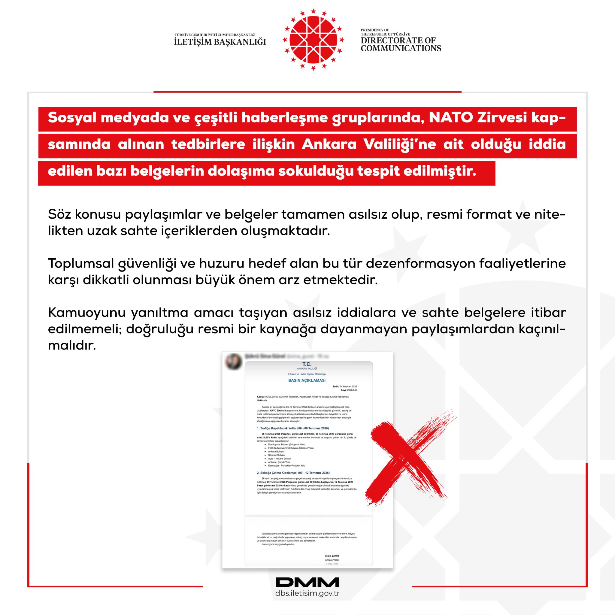 Dezenformasyonla Mücadele Merkezi (DMM), NATO Zirvesi tedbirlerine ilişkin Ankara Valiliği'ne