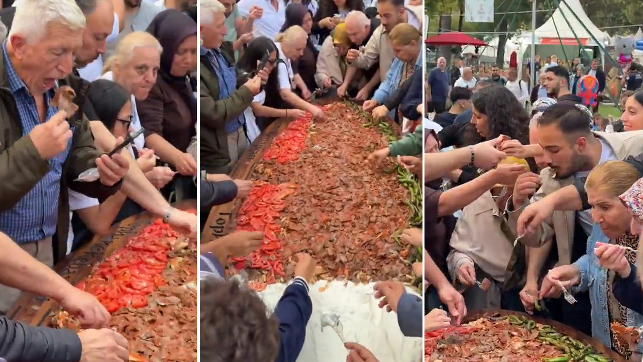 Bursa'da düzenlenen gastronomi festivalinde 700 kişi aynı tepsiden 50 kilogram