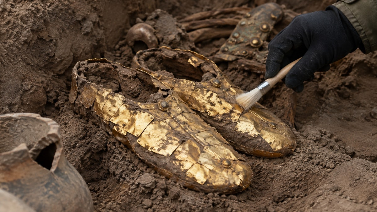 Kazakistan'da 1500 yıllık kadın mezarında altın kaplamalı ayakkabılar bulundu. Yapılan